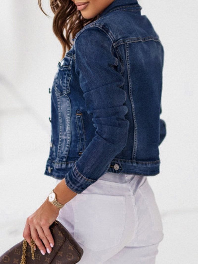 ANEKA CROPPED RIPPED DENIM JACKET-DARK BLUE