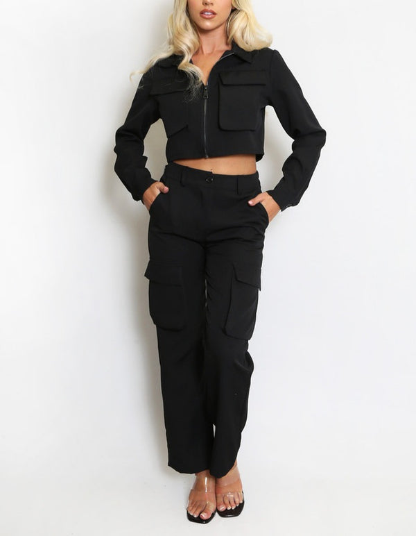 Black Cargo Jacket And Trouser Set