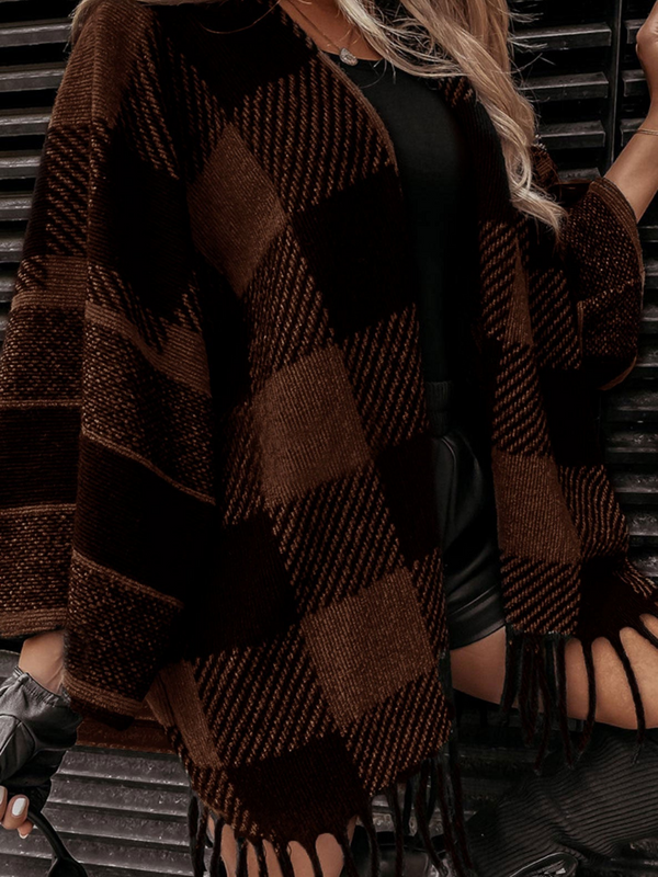 TAMAR TASSEL HEM CARDIGAN PONCHO-DARK BROWN