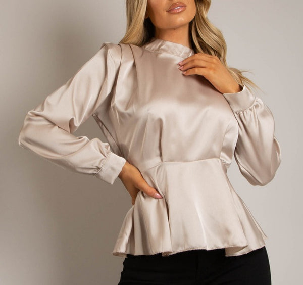 Satin High Neck Peplum Top