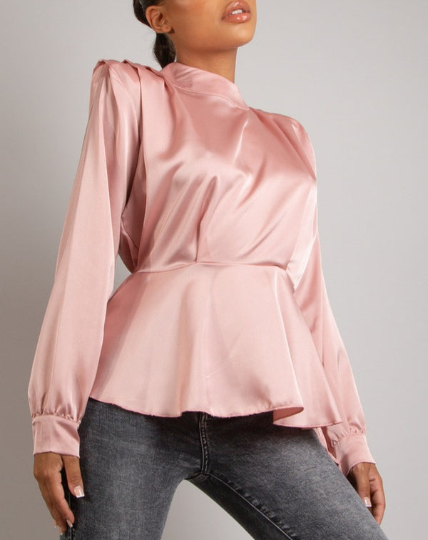 Satin High Neck Peplum Top