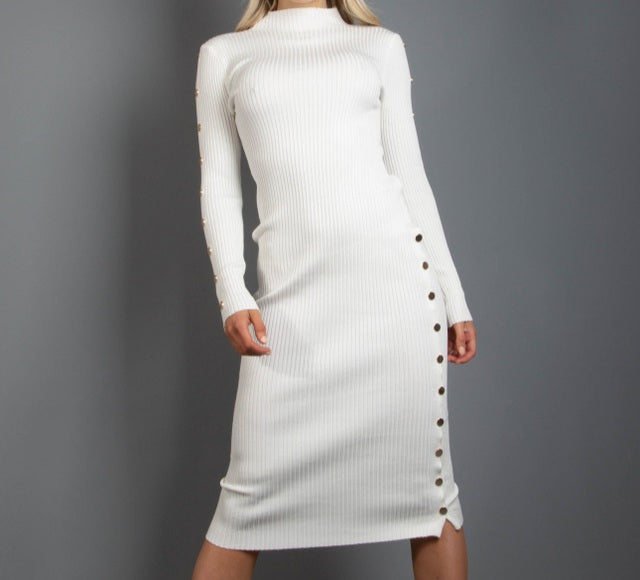 HIGH NECK RIBBED MIDI dress   WITH BUTTON DETAIL