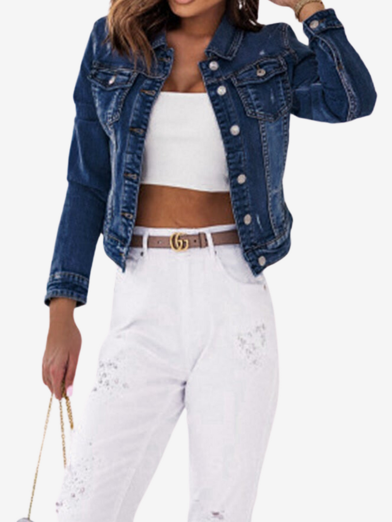 ANEKA CROPPED RIPPED DENIM JACKET-DARK BLUE