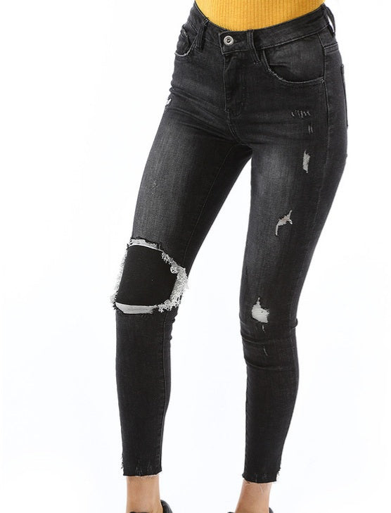 GRAPHITE SKINNY JEANS WITH SHREDDED KNEE PATCH