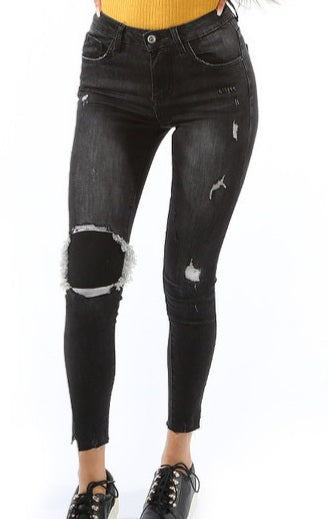 GRAPHITE SKINNY JEANS WITH SHREDDED KNEE PATCH