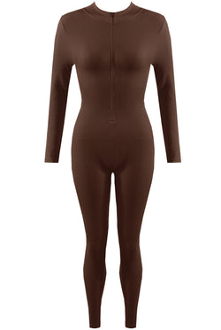 Ribbed High Neck Zip Front Unitard