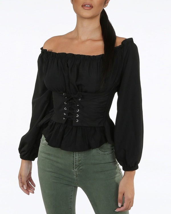 Corset front lace up off shoulder blouse