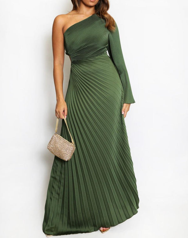 One Shoulder Satin Pleated Maxi Dress