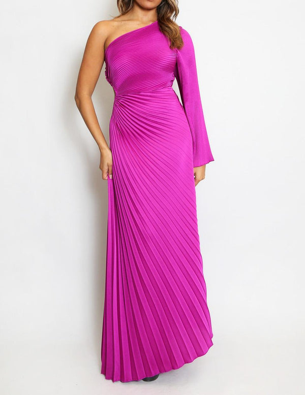 One Shoulder Satin Pleated Maxi Dress