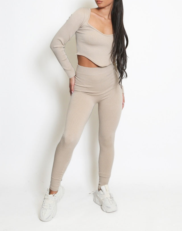 Dip Front Long Sleeve Ribbed Gym Set