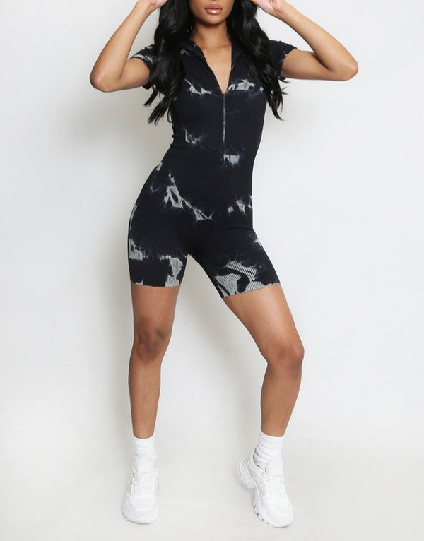 Tie Dye Print Zip Front Unitard