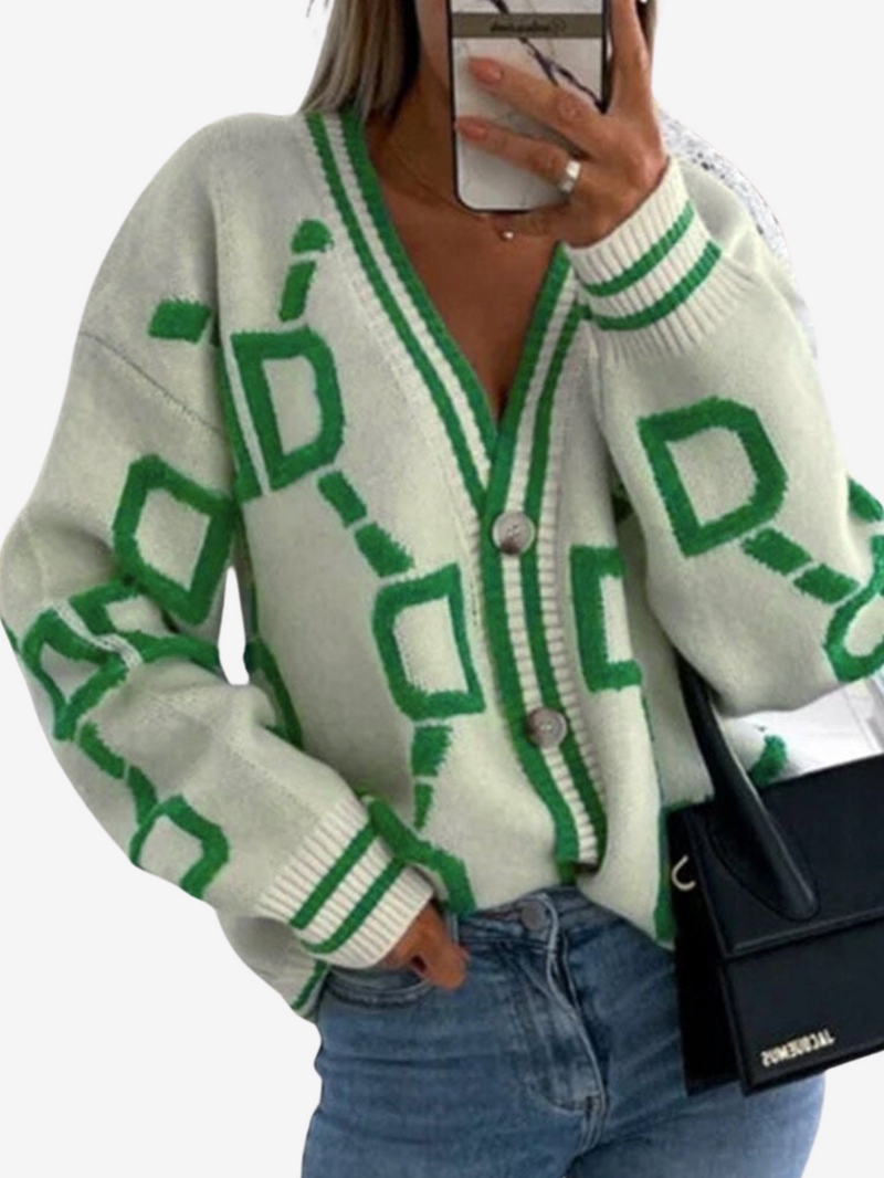 VERUSHA 'DD' ALPHABET PRINT KNITTED SWEATER CARDIGAN-GREEN