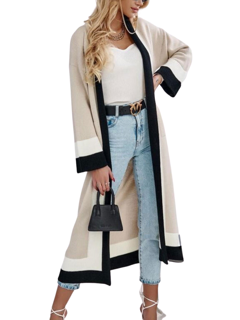 AISHA WIDE SLEEVE LONGLINE COLOUR BLOCK CARDIGAN-IVORY