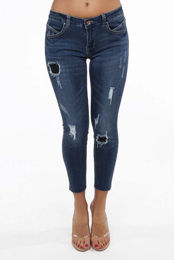 Denim Ripped Patch Embellished Jeans