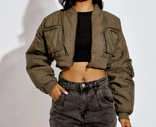 Utility Pocket Cropped Bomber Jacket