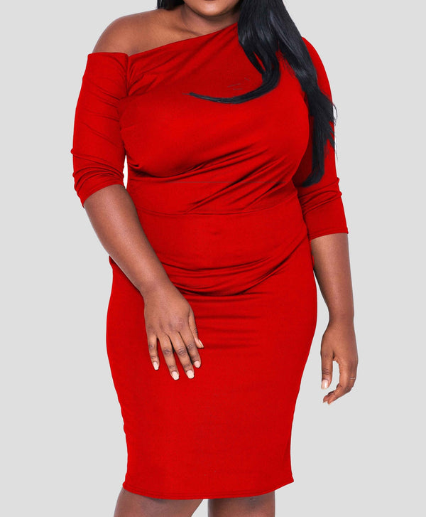 RED ASYMMETRIC NECKLINE DRESS (CURVACEOUS)