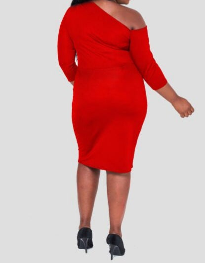 RED ASYMMETRIC NECKLINE DRESS (CURVACEOUS)