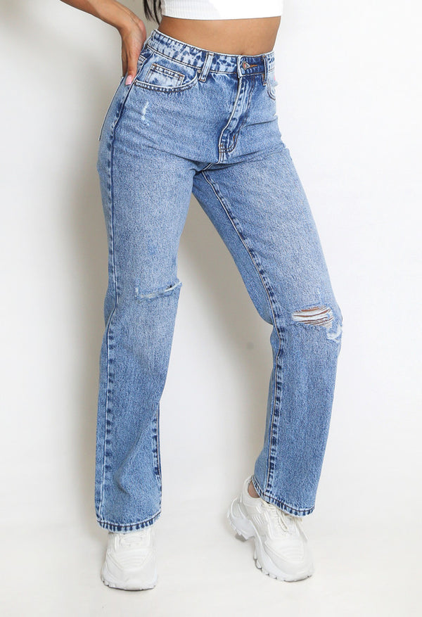 Ripped Straight Leg Denim Jeans