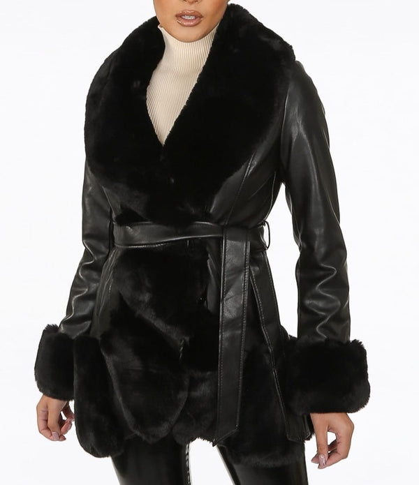 Faux Leather Fur Trim Coat