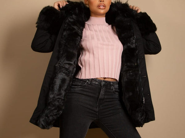 Belted Faux Fur Trim Midi                     Puffer Coat