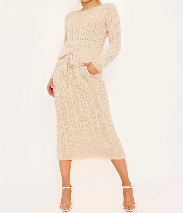 Cable Knit Drawstring Waist  Midi Dress