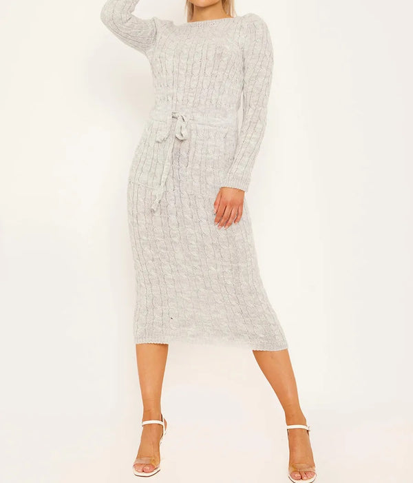 Cable Knit Drawstring Waist  Midi Dress