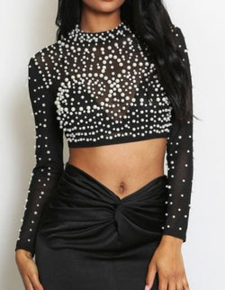 Pearl embellished mesh Crop Top